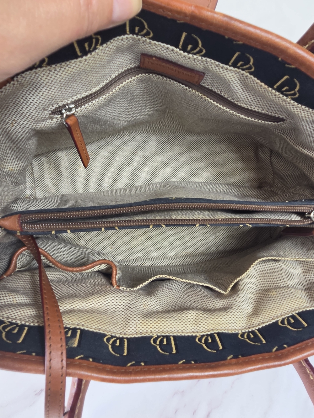 Dooney & Bourke Black Monogram Satchel with Brown Leather Trim - Picture 15 of 16
